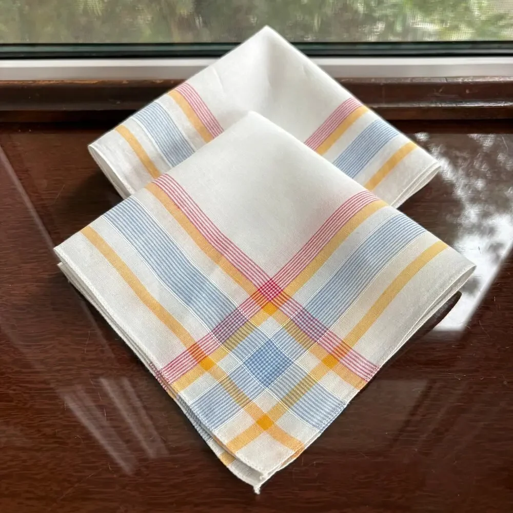 Vintage Plaid Cotton Handkerchief Set Blue Yellow Red 11x11